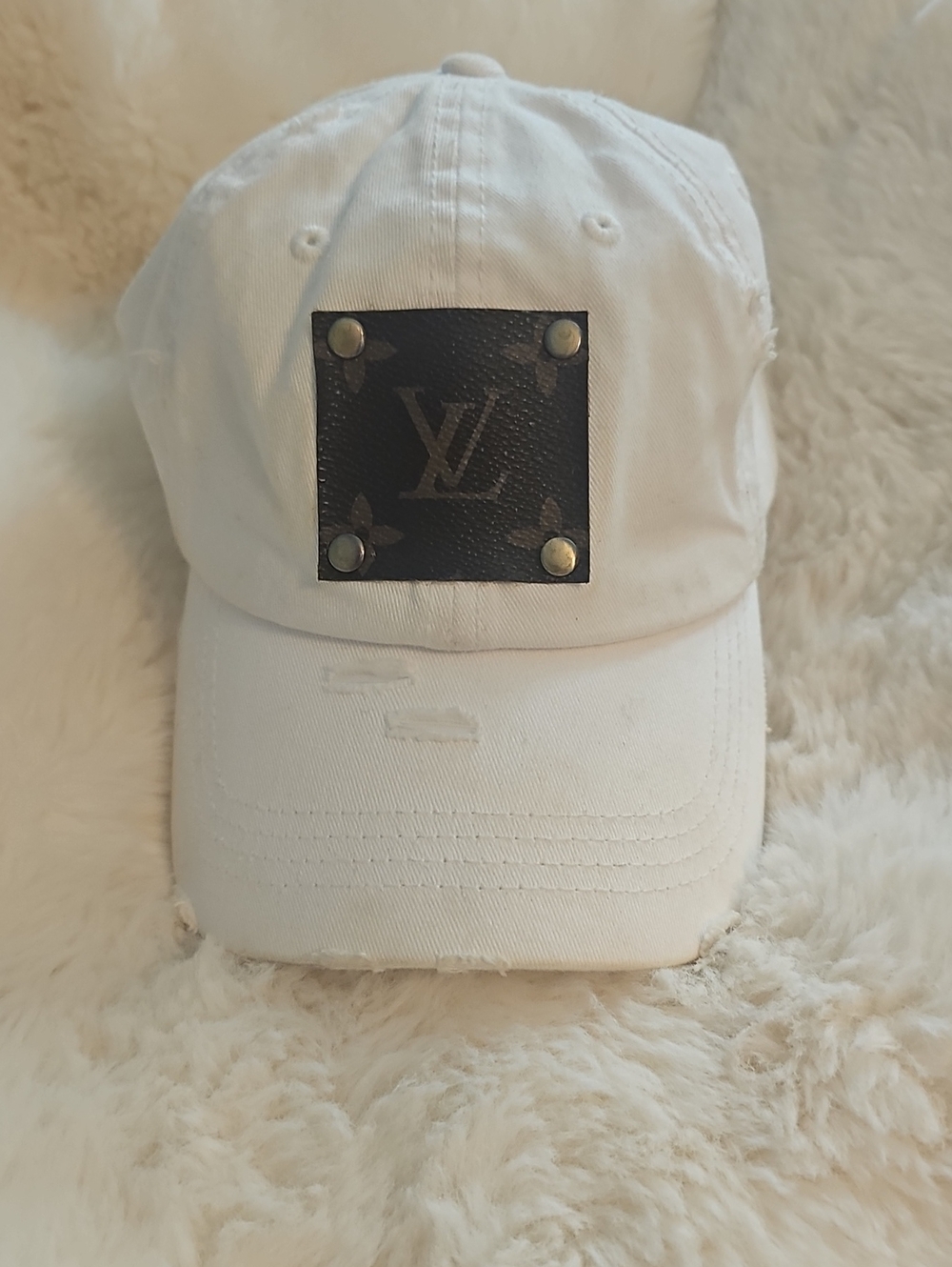 White LV Cotton Baseball Cap with Monogram Plaque